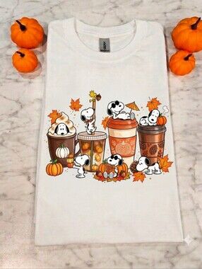 Fall shirt snoopy And Colorful Pumpkin Coffee cute popular short sleeve Tshirt